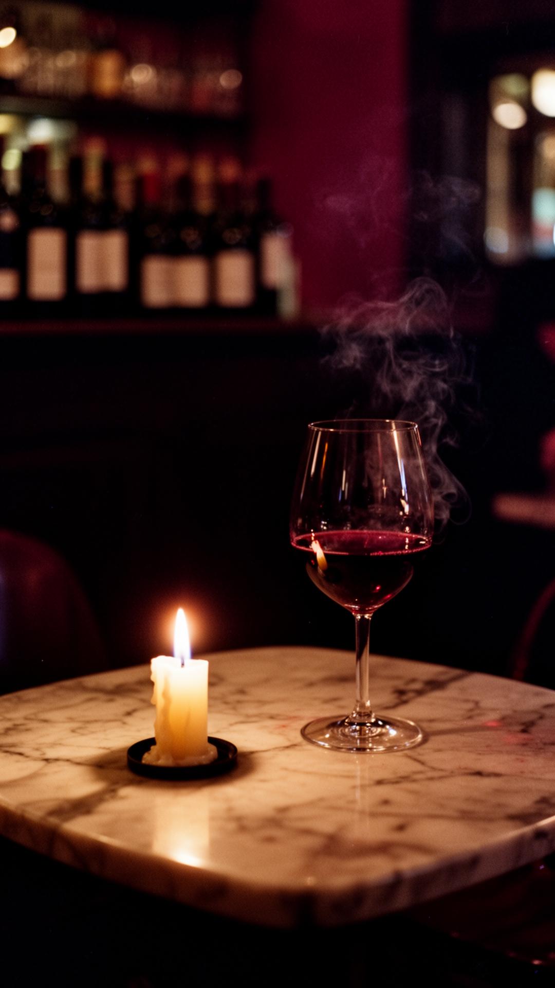 A glass of wine and a candle on a marble table in a dim wine bar